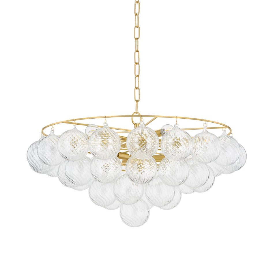Velineon Kronleuchter aus transparentem Glas in Kugelform, gealtertes Messing, elegant