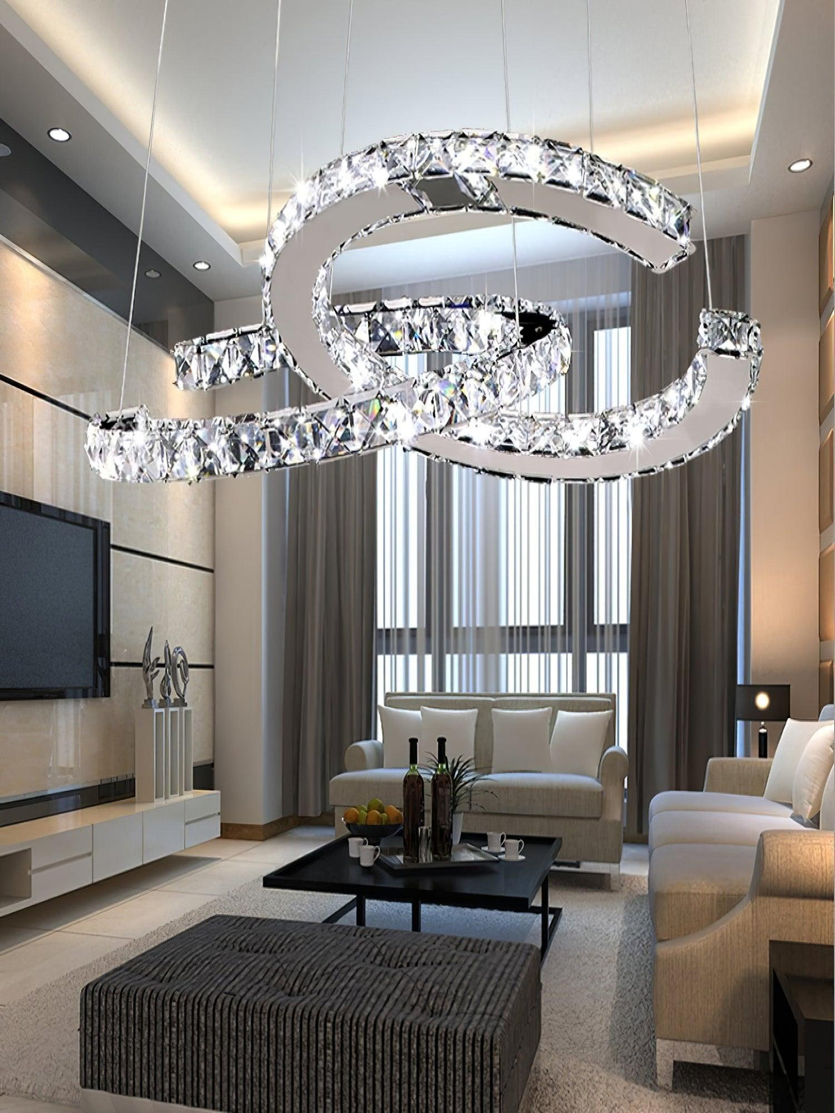 Luxisine Kronleuchter Kristall Double C modern Silber 2-Ring