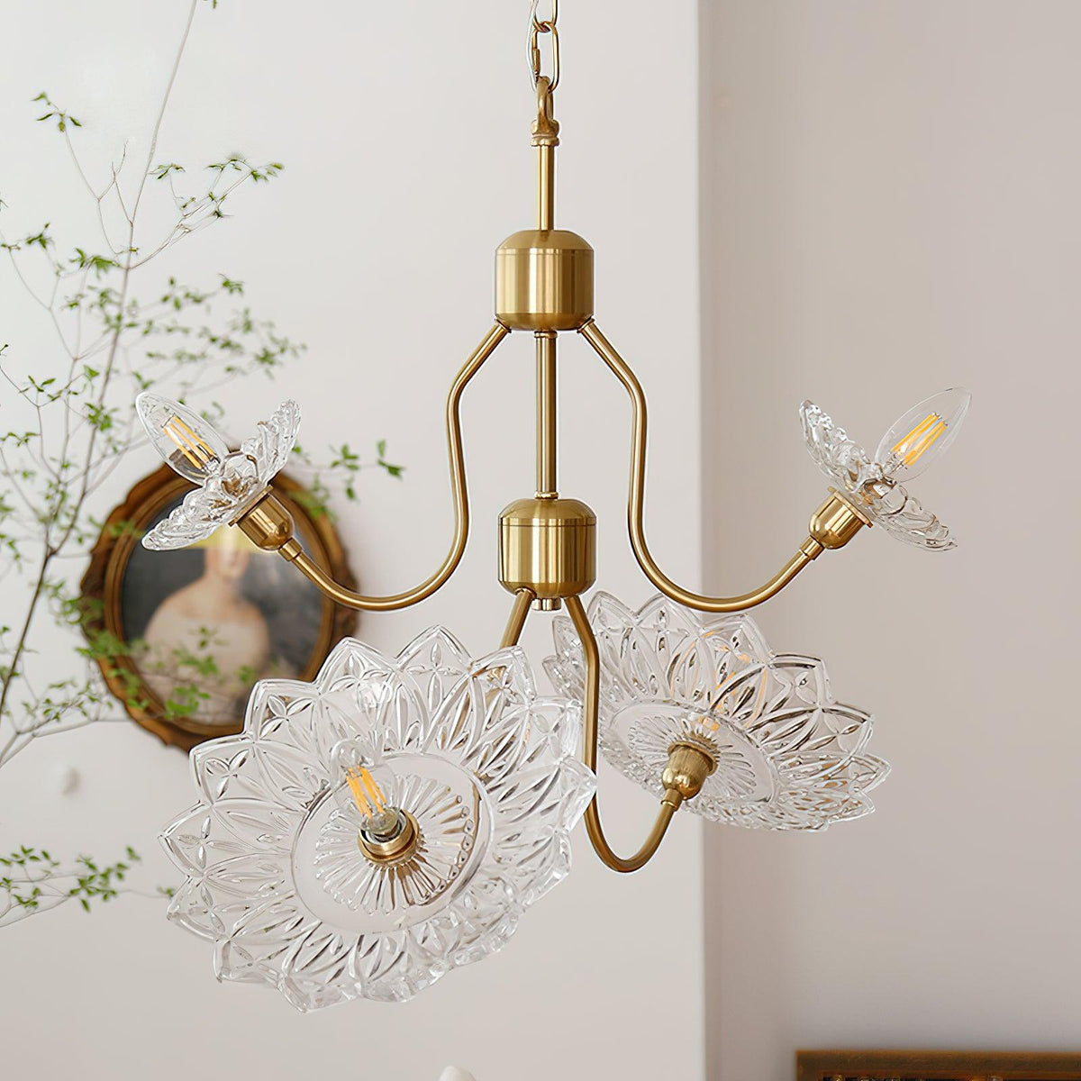 Celareon Kronleuchter Messing Glas Blumen Vintage
