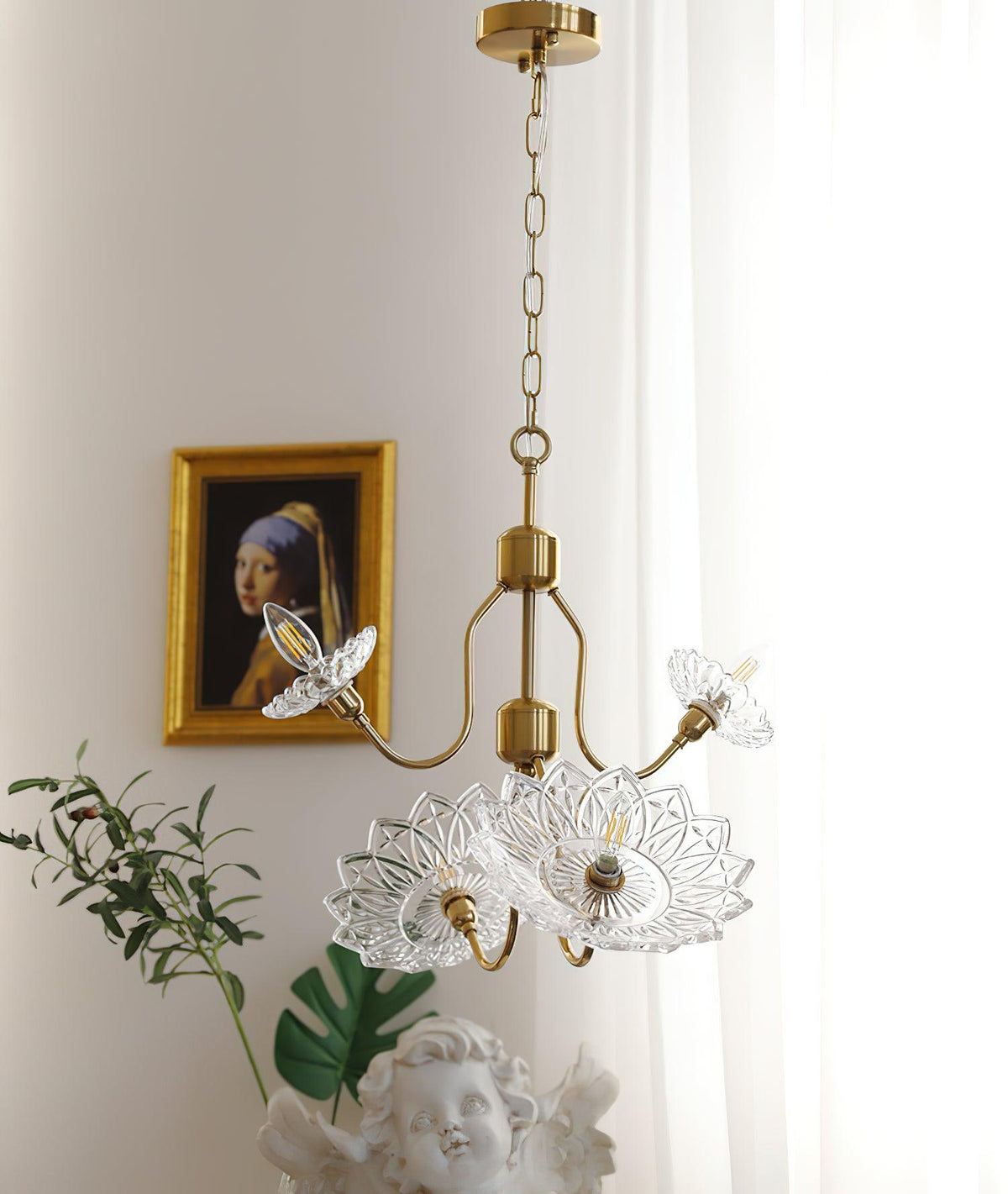 Celareon Kronleuchter Messing Glas Blumen Vintage