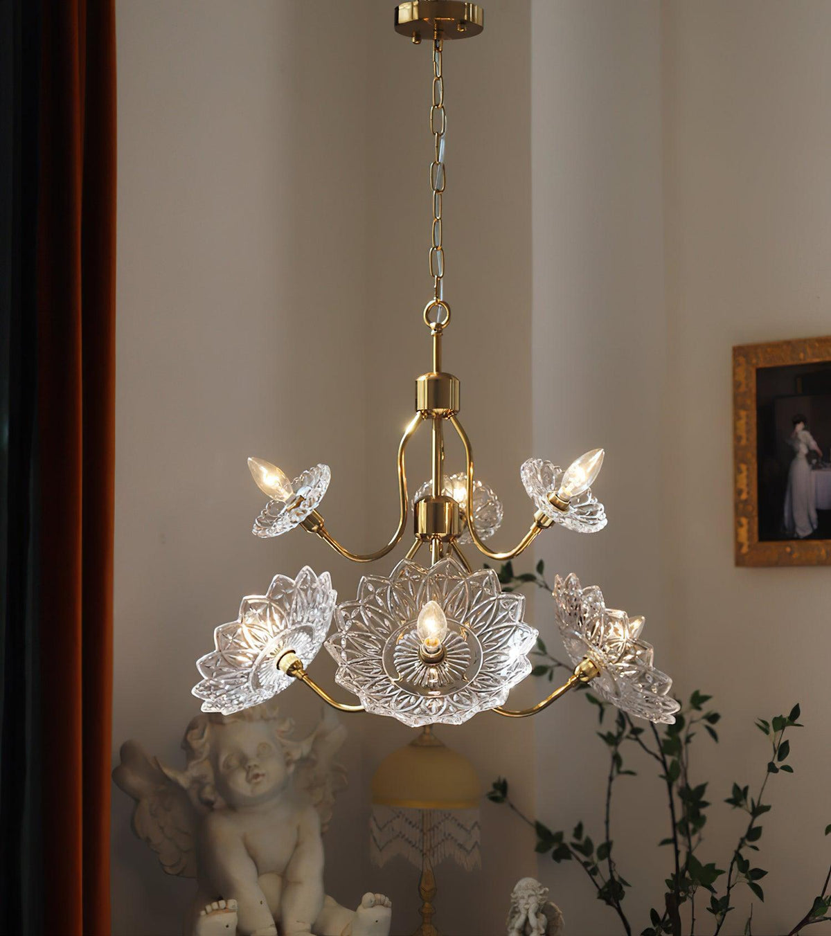 Celareon Kronleuchter Messing Glas Blumen Vintage