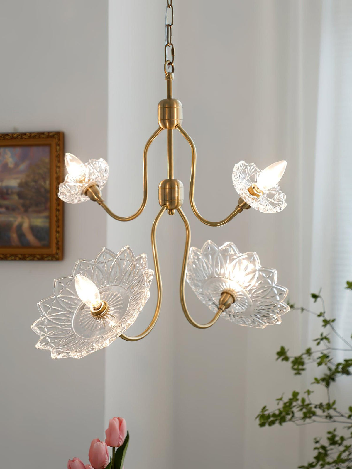 Celareon Kronleuchter Messing Glas Blumen Vintage