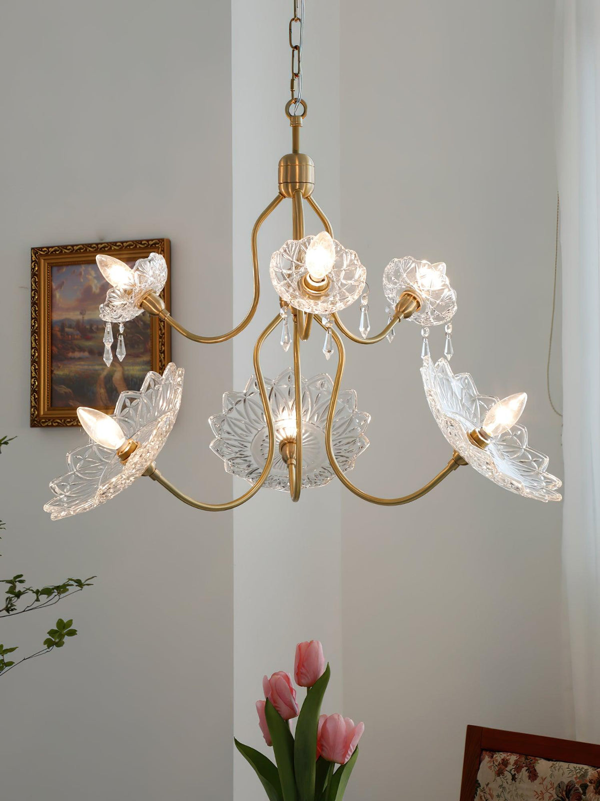 Celareon Kronleuchter Messing Glas Blumen Vintage