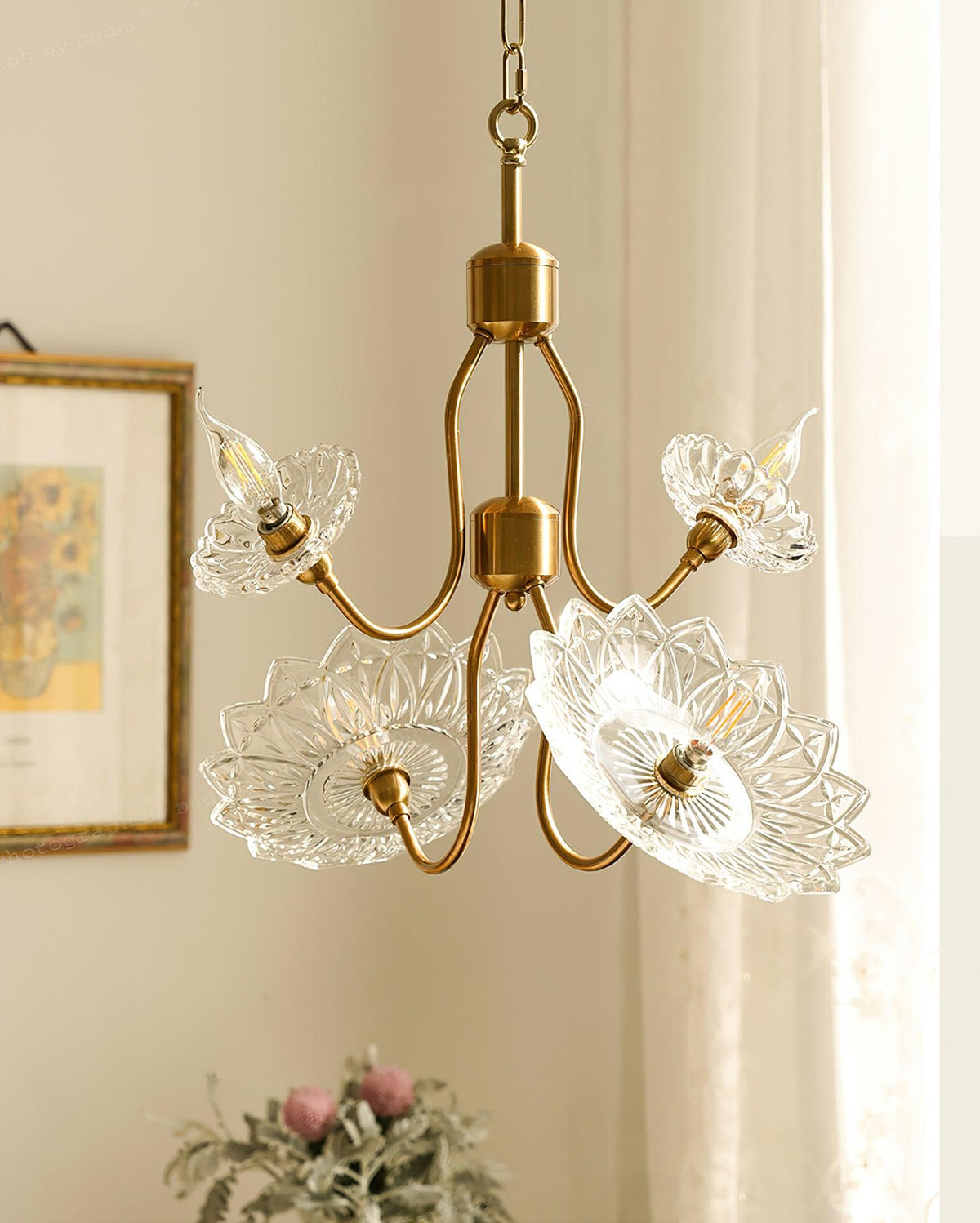 Celareon Kronleuchter Messing Glas Blumen Vintage