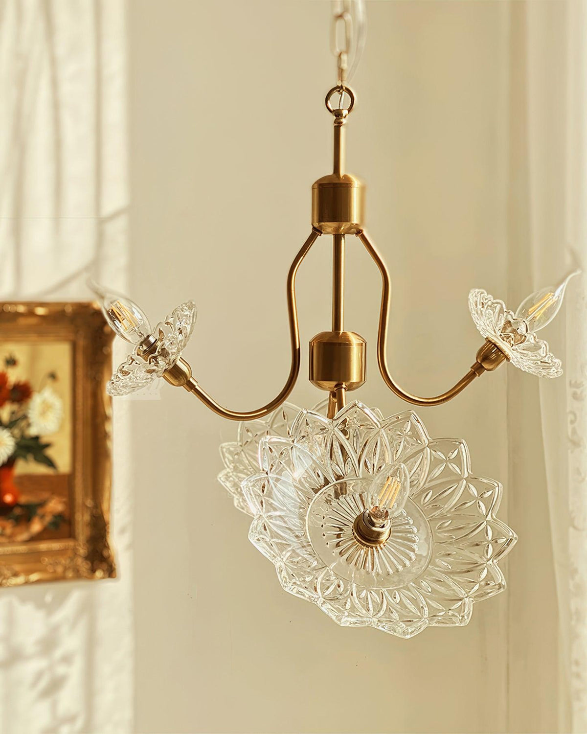 Celareon Kronleuchter Messing Glas Blumen Vintage