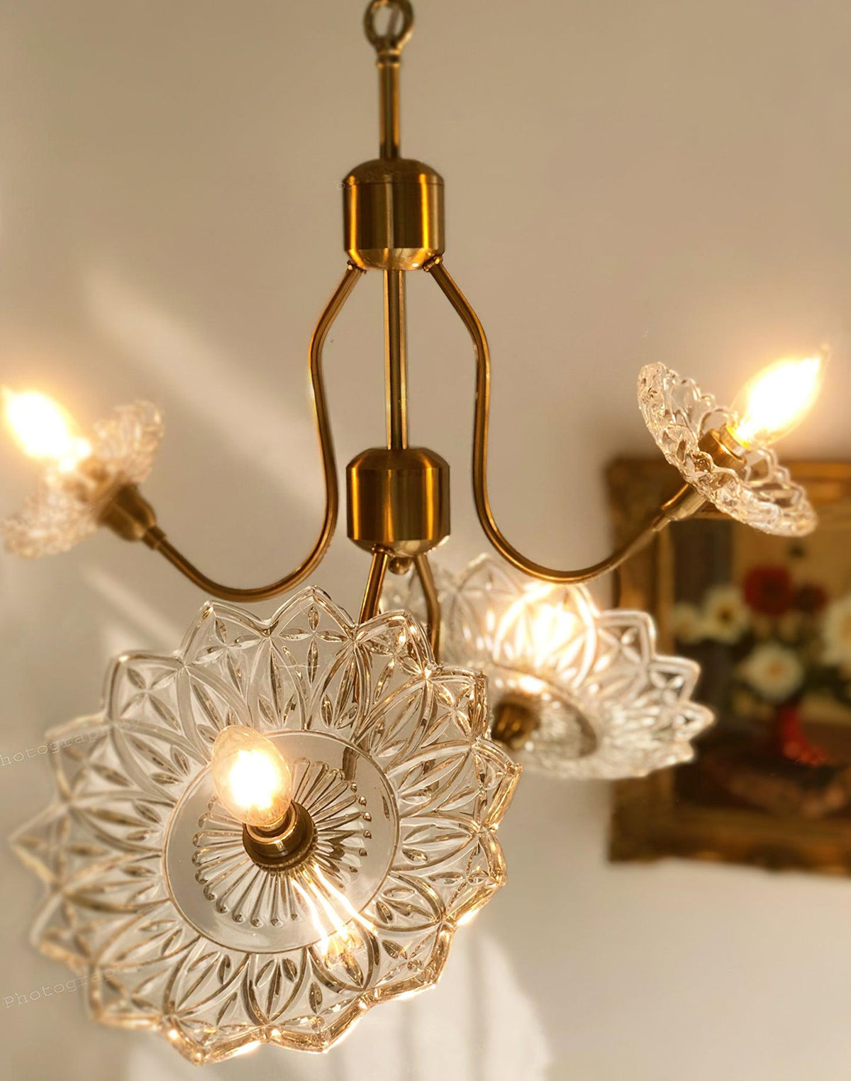 Celareon Kronleuchter Messing Glas Blumen Vintage