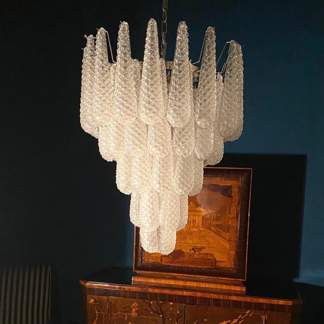 Velerine Kronleuchter aus klarem Murano-Glas in Tropfenform mit geschichteten Elementen