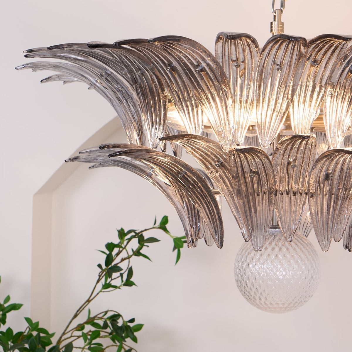 Liororira Kronleuchter Palmette Transparentes Murano-Glas Blatt mehrschichtig