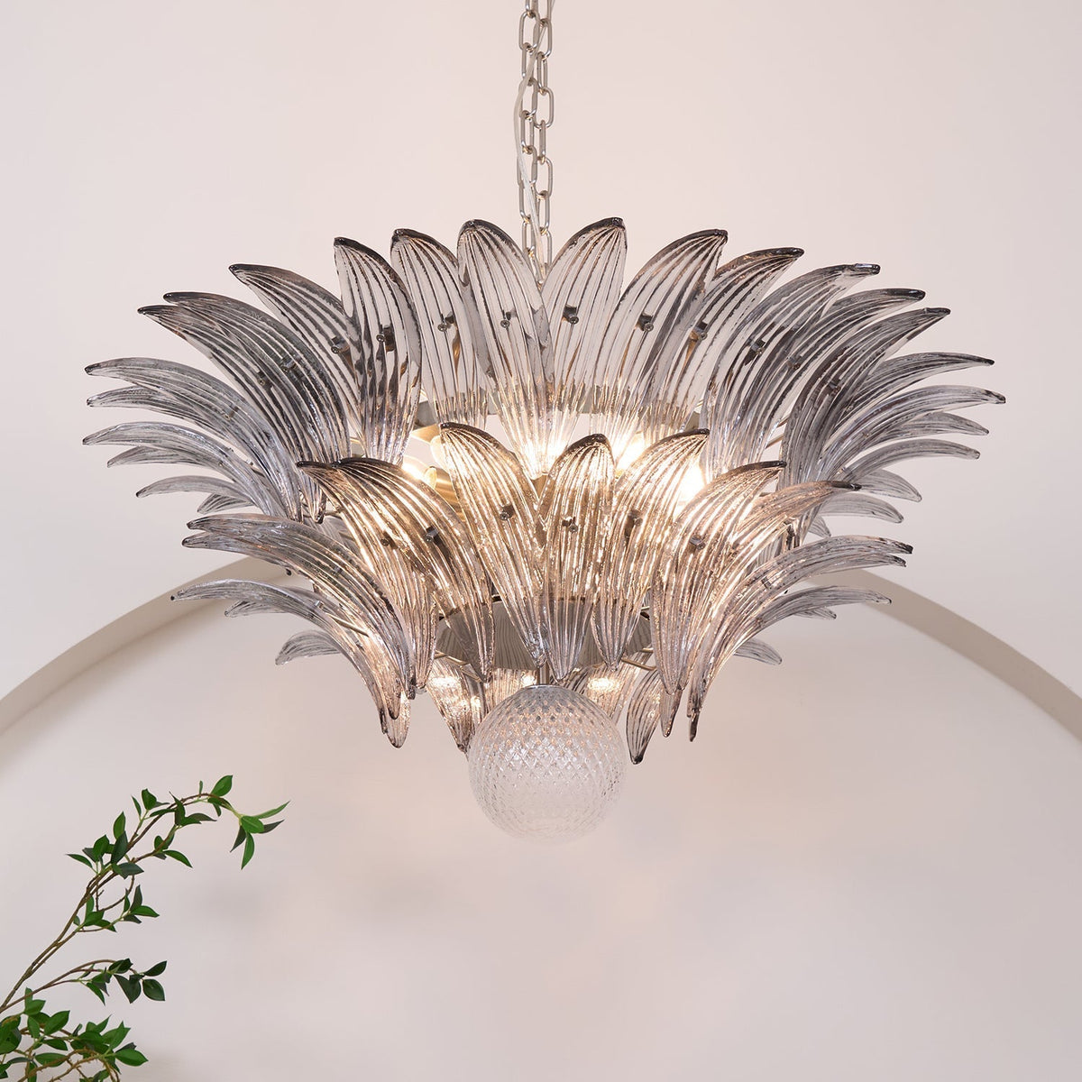 Liororira Kronleuchter Palmette Transparentes Murano-Glas Blatt mehrschichtig