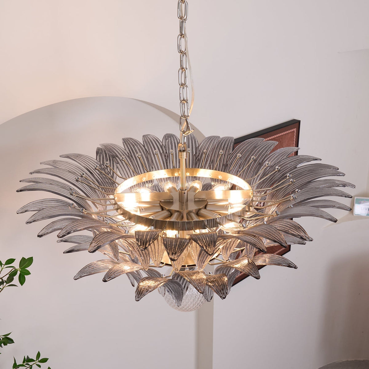 Liororira Kronleuchter Palmette Transparentes Murano-Glas Blatt mehrschichtig