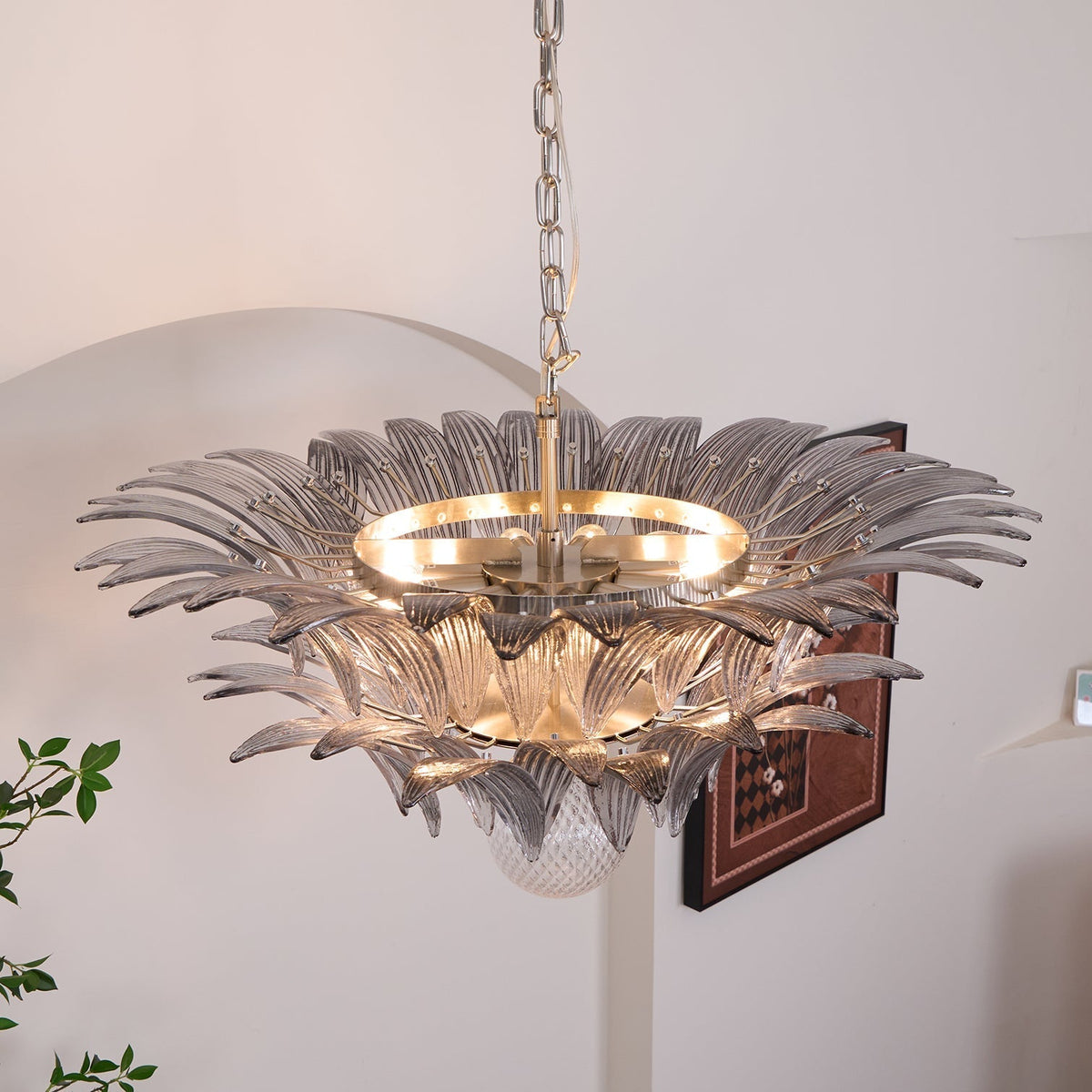 Liororira Kronleuchter Palmette Transparentes Murano-Glas Blatt mehrschichtig