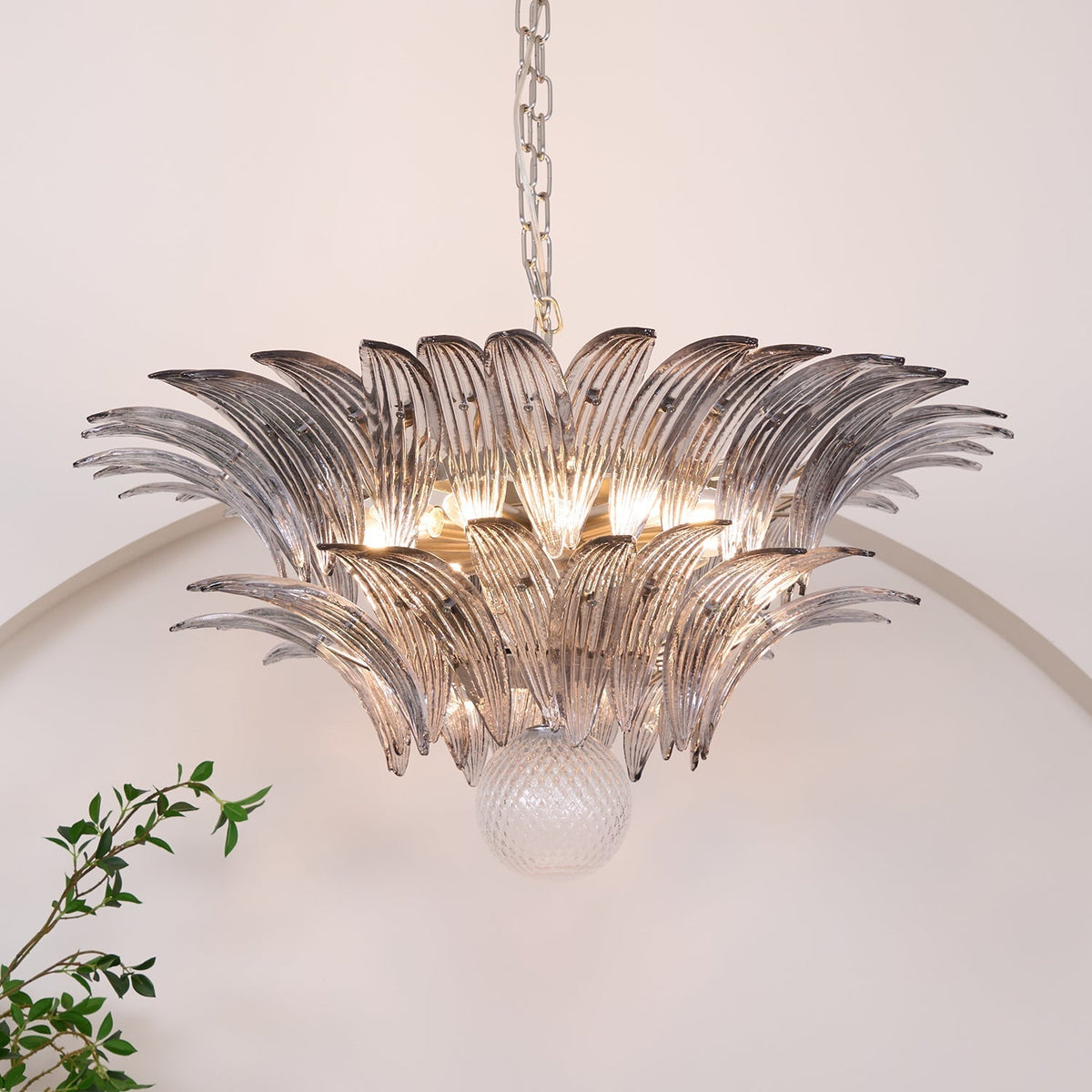 Liororira Kronleuchter Palmette Transparentes Murano-Glas Blatt mehrschichtig