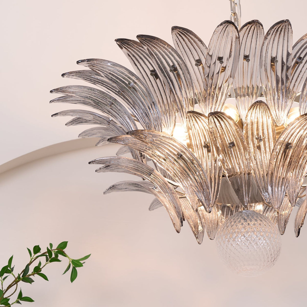 Liororira Kronleuchter Palmette Transparentes Murano-Glas Blatt mehrschichtig