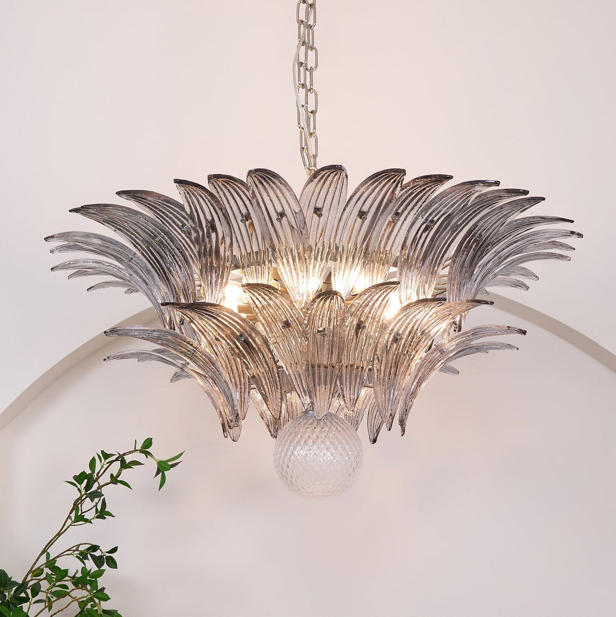 Liororira Kronleuchter Palmette Transparentes Murano-Glas Blatt mehrschichtig