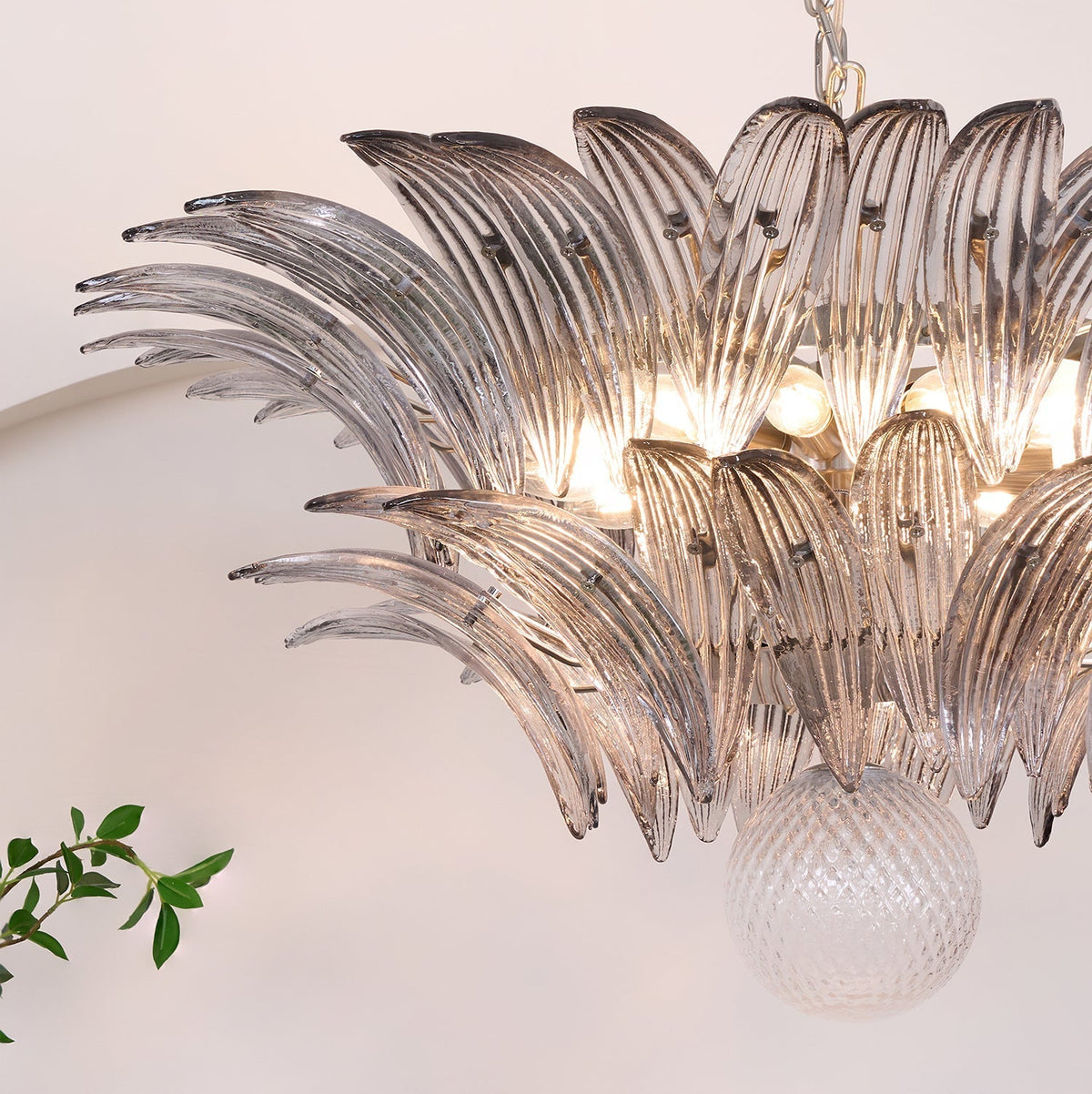Liororira Kronleuchter Palmette Transparentes Murano-Glas Blatt mehrschichtig