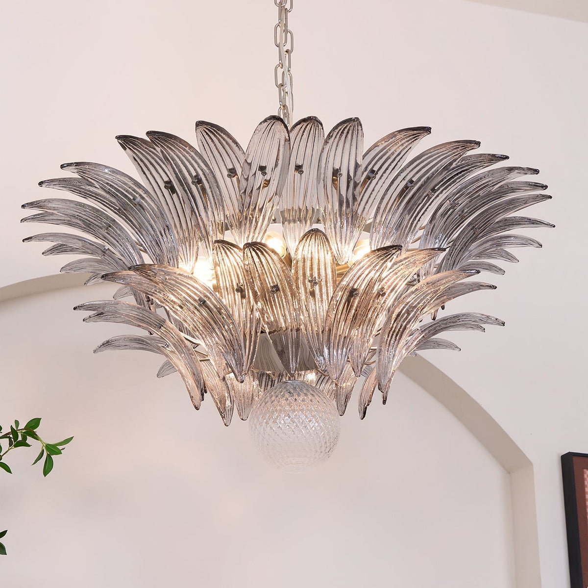 Liororira Kronleuchter Palmette Transparentes Murano-Glas Blatt mehrschichtig