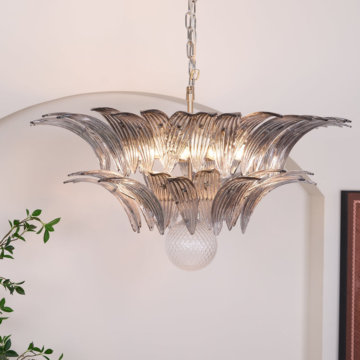 Liororira Kronleuchter Palmette Transparentes Murano-Glas Blatt mehrschichtig