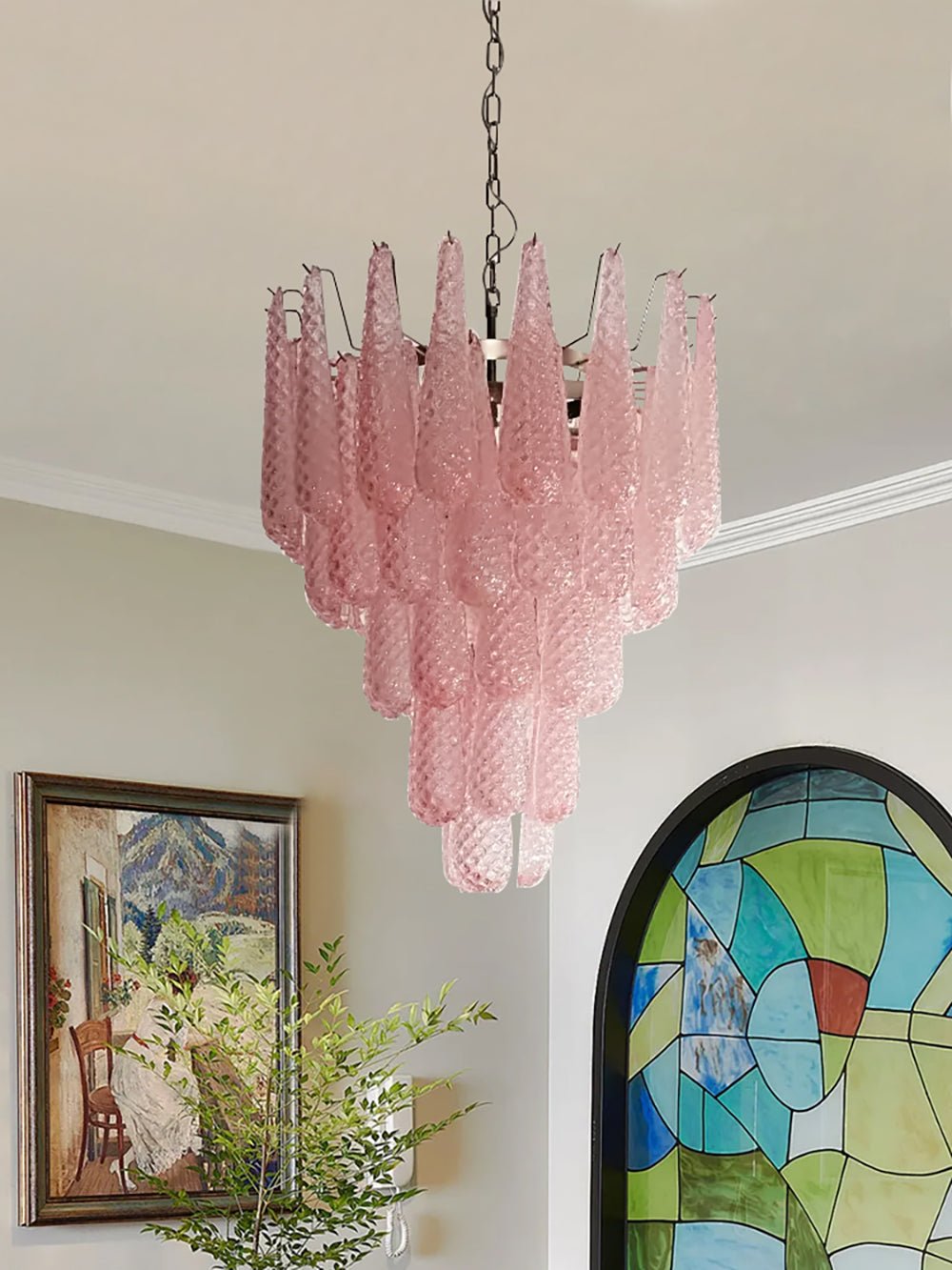 Veliena Kronleuchter Rosa Tropfen Murano-Glas Diamantmuster Wasserfall
