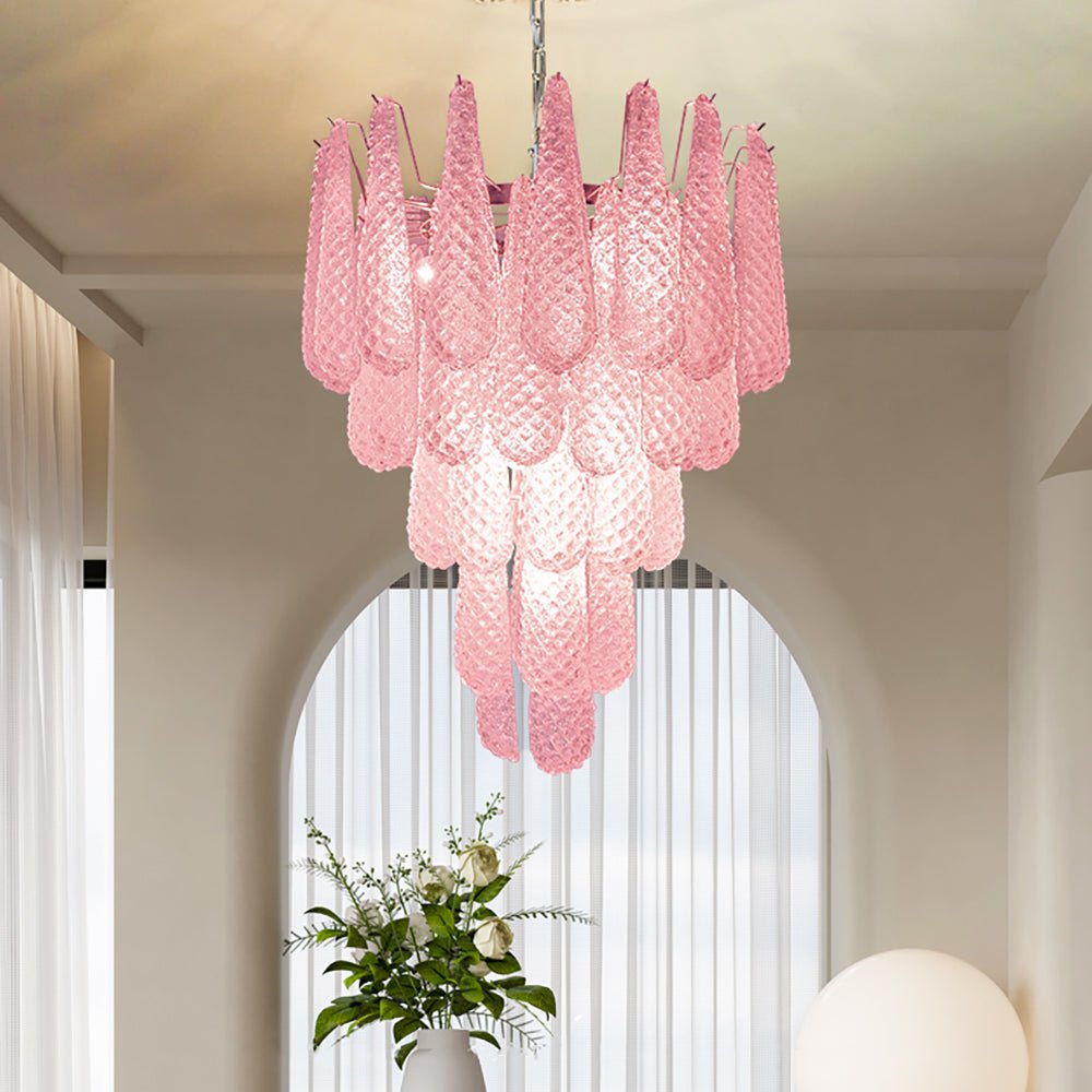 Veliena Kronleuchter Rosa Tropfen Murano-Glas Diamantmuster Wasserfall