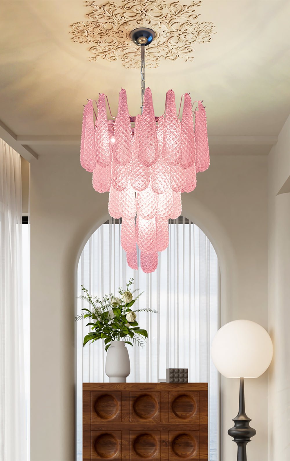 Veliena Kronleuchter Rosa Tropfen Murano-Glas Diamantmuster Wasserfall