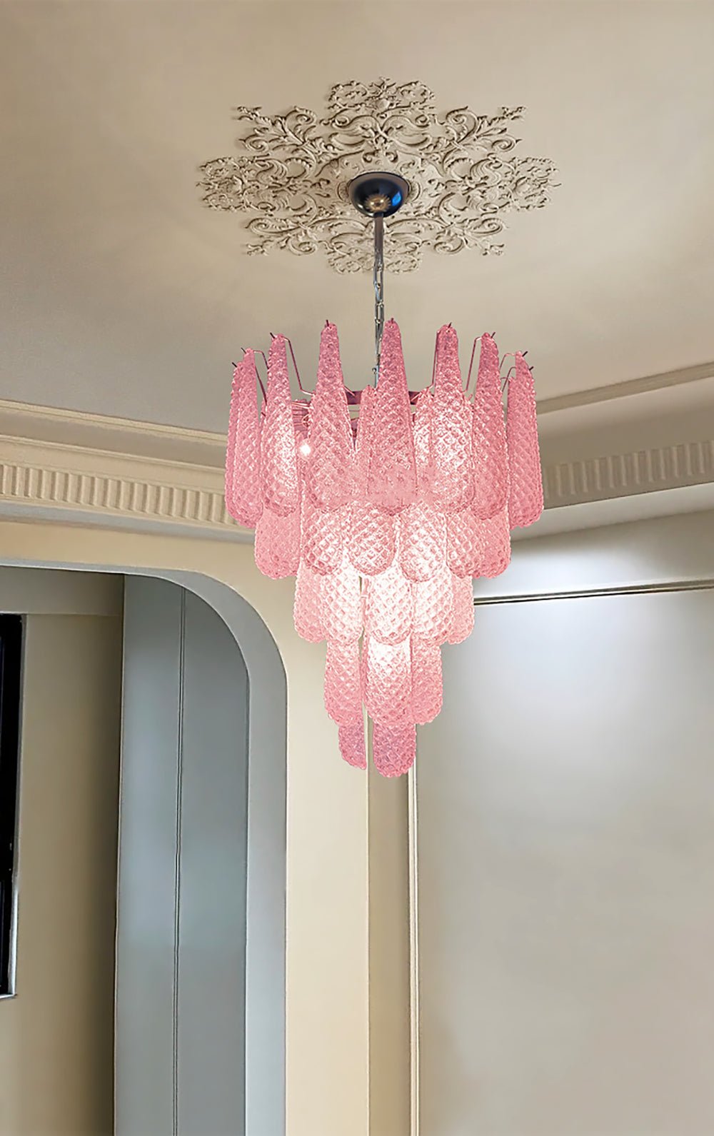 Veliena Kronleuchter Rosa Tropfen Murano-Glas Diamantmuster Wasserfall