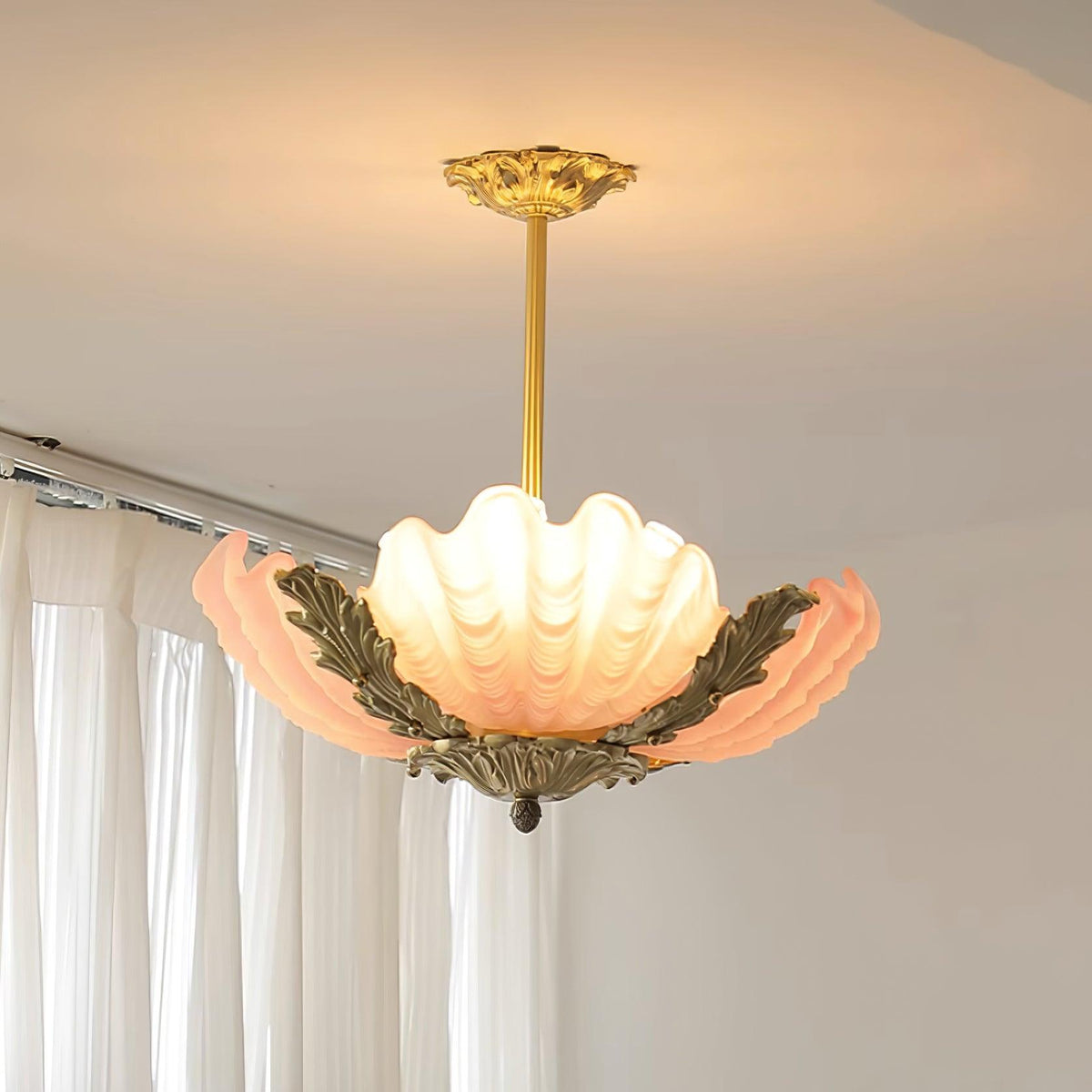 Murano Pendelleuchte Pink Shell aus Messing Barock