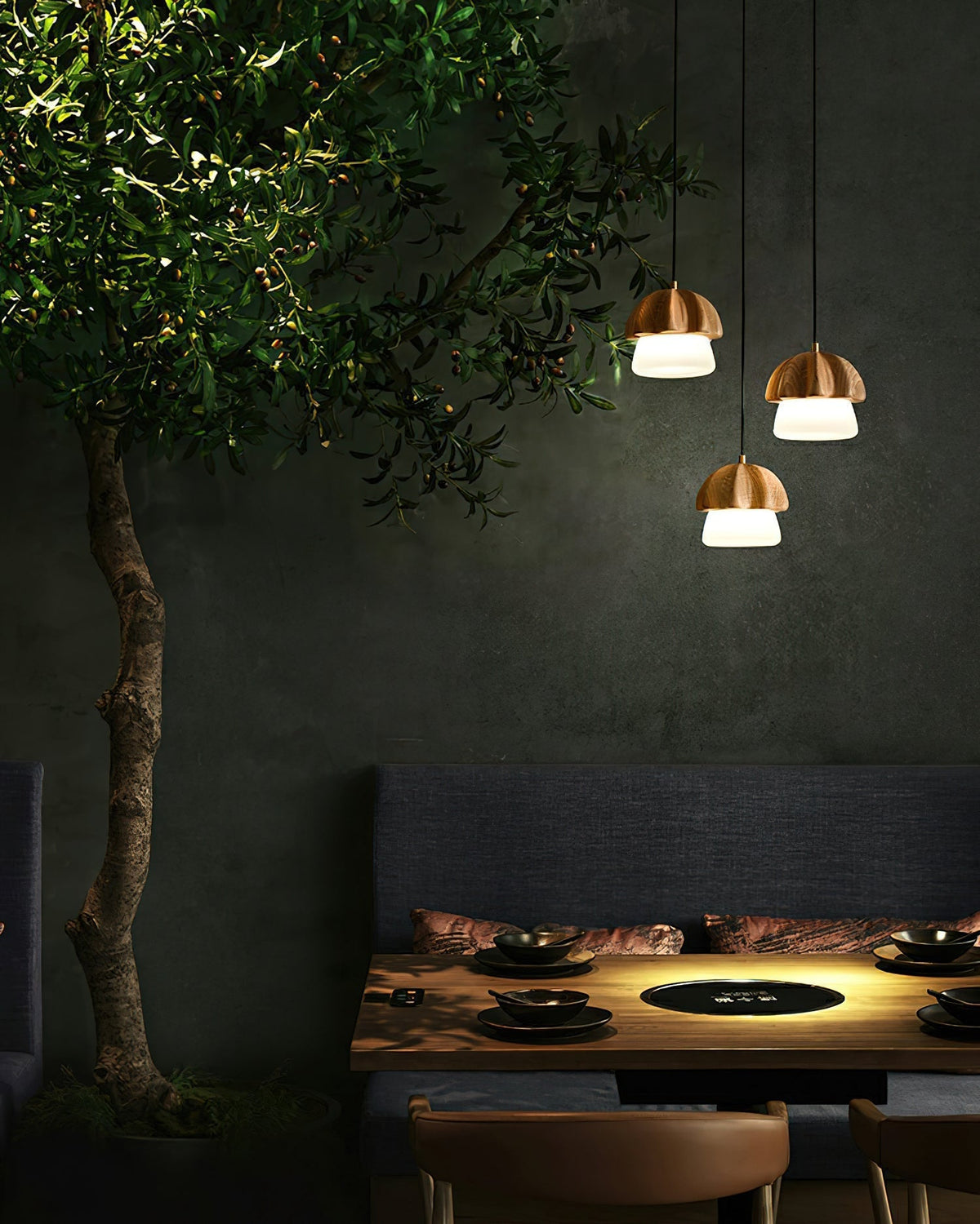 Rineine Pendelleuchte Pilz-Cluster Holz & Glas