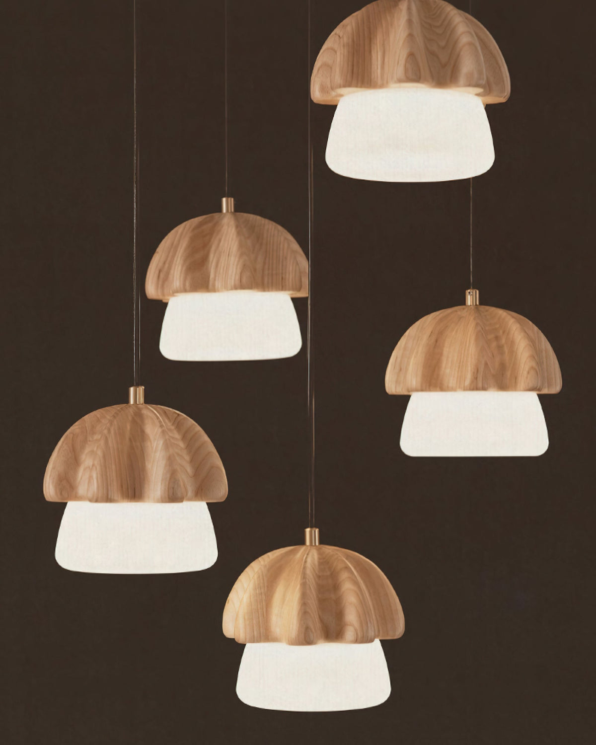 Rineine Pendelleuchte Pilz-Cluster Holz & Glas