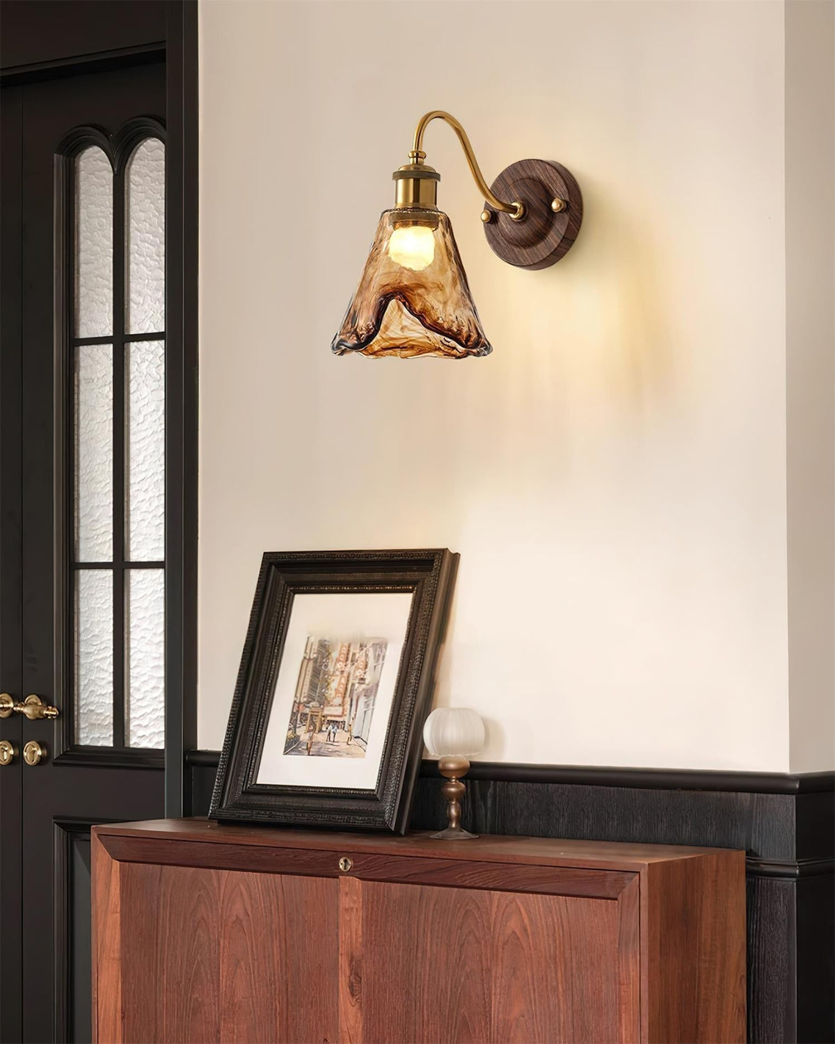 Nalia Wandleuchte Bernsteinfarbenes Glas Walnuss Gold Vintage