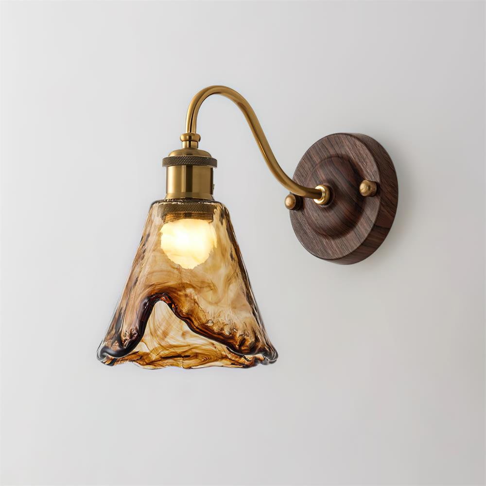 Nalia Wandleuchte Bernsteinfarbenes Glas Walnuss Gold Vintage