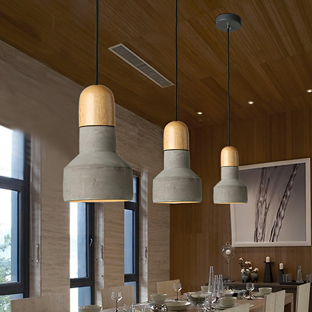 Trio Rustic Pendelleuchte aus Holz in Hellgrau