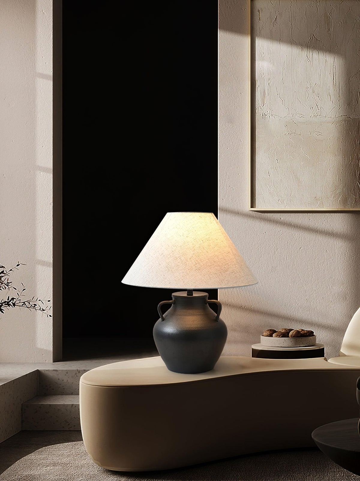 Amfora Tischleuchte aus Stoff im rustikalen Stil