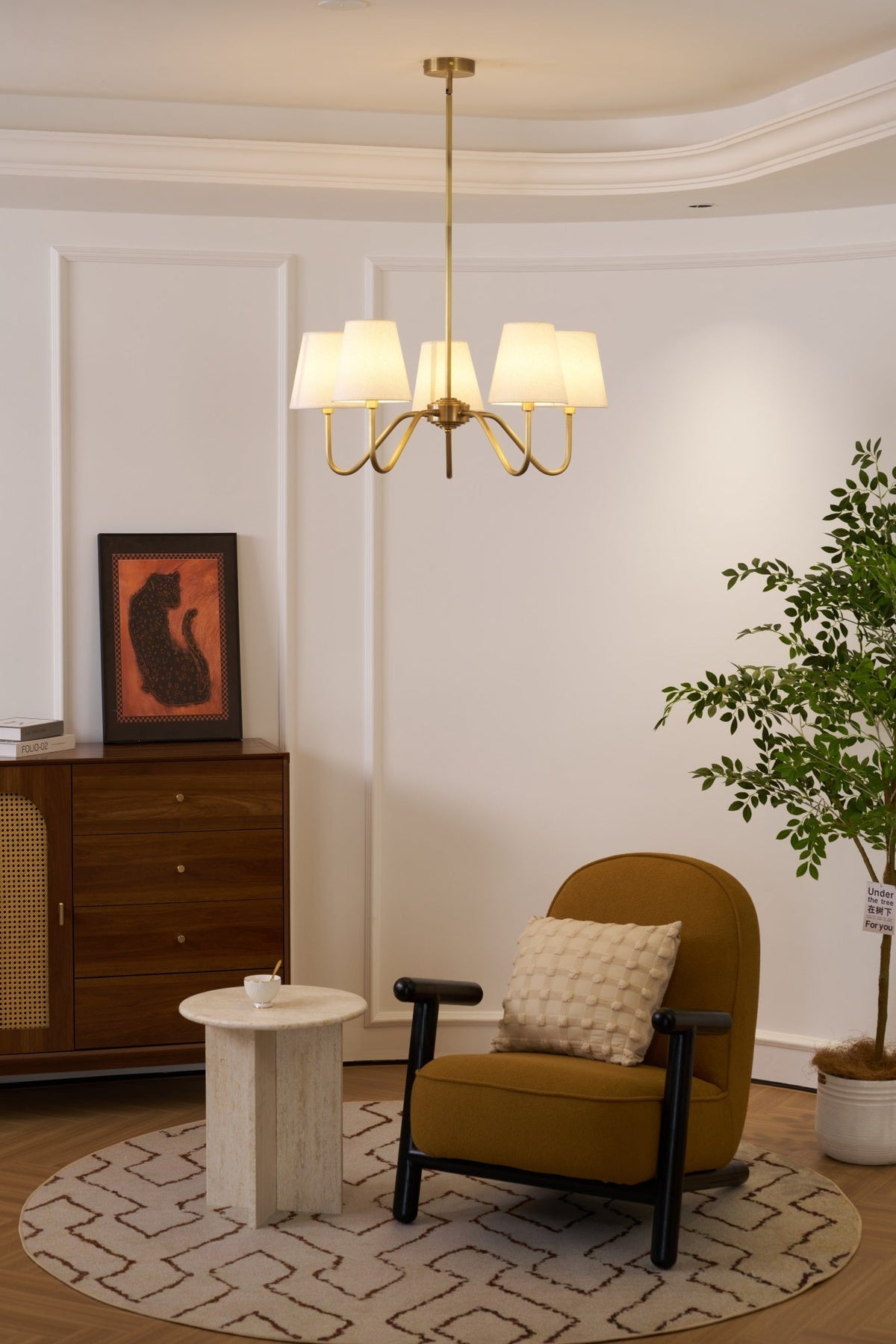 Viraean Vintage Industrial Kronleuchter aus Messing mit Stoffschirm