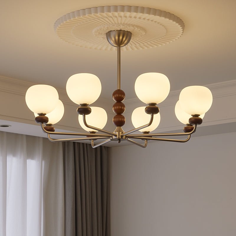 Vilorira Kronleuchter aus Walnuss-Holz und Glas im klassischen Orb-Design