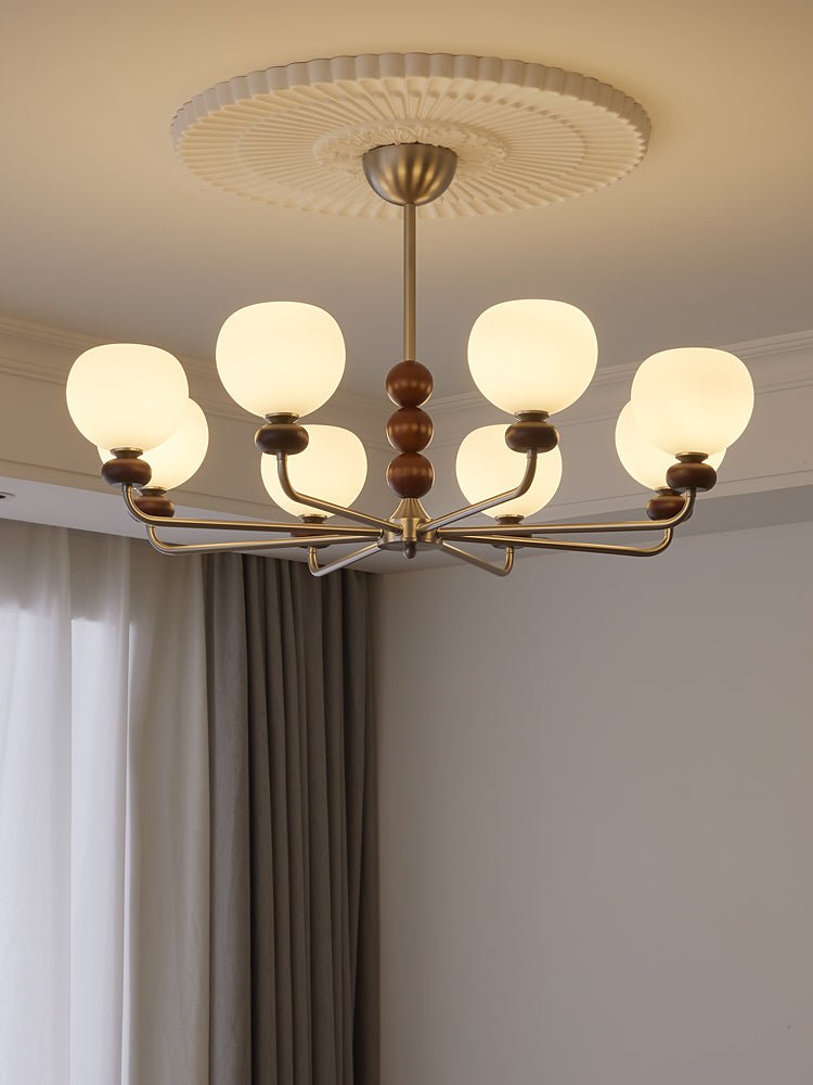 Vilorira Kronleuchter aus Walnuss-Holz und Glas im klassischen Orb-Design