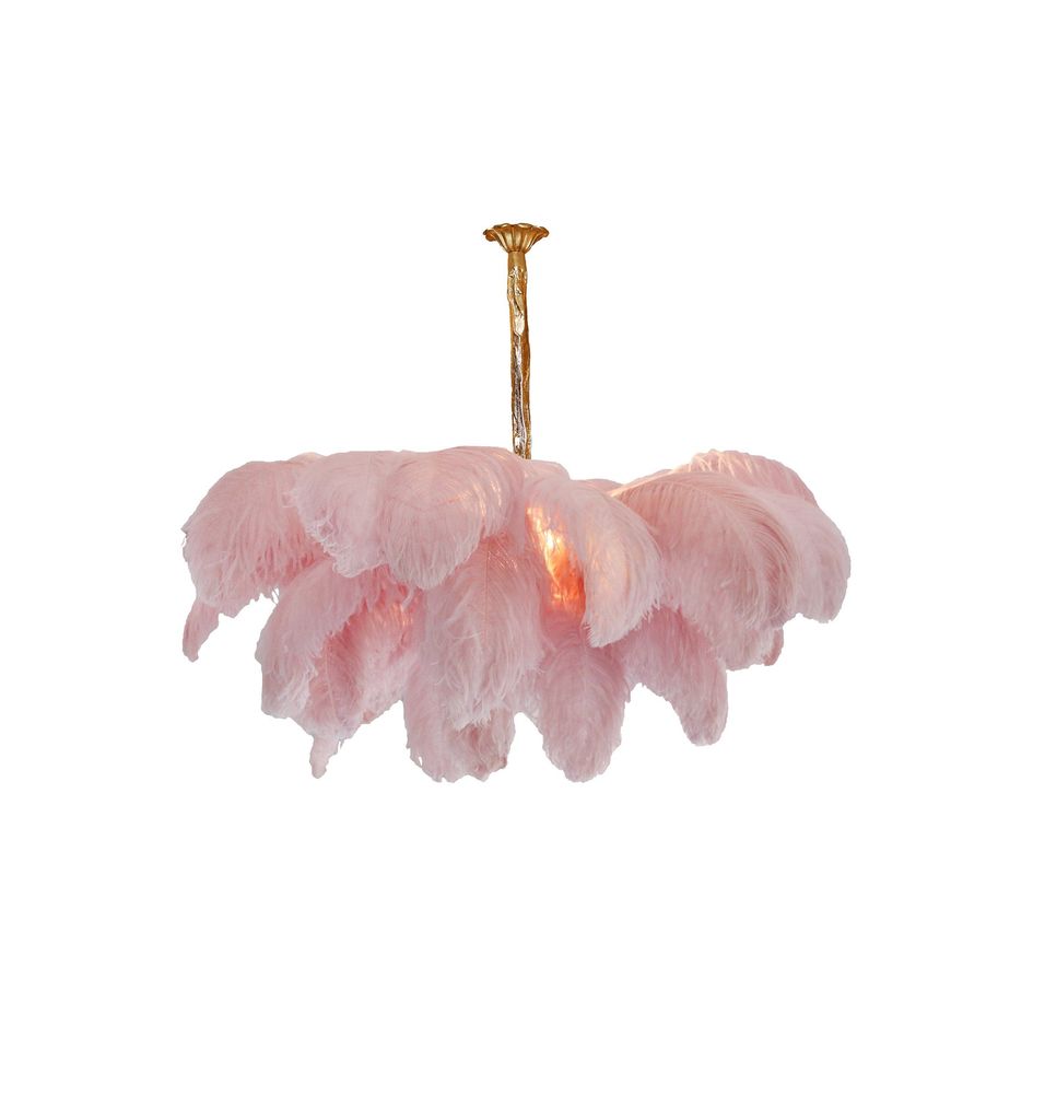 Auralira Kronleuchter mit großen Straußenfedern und Messingstiel