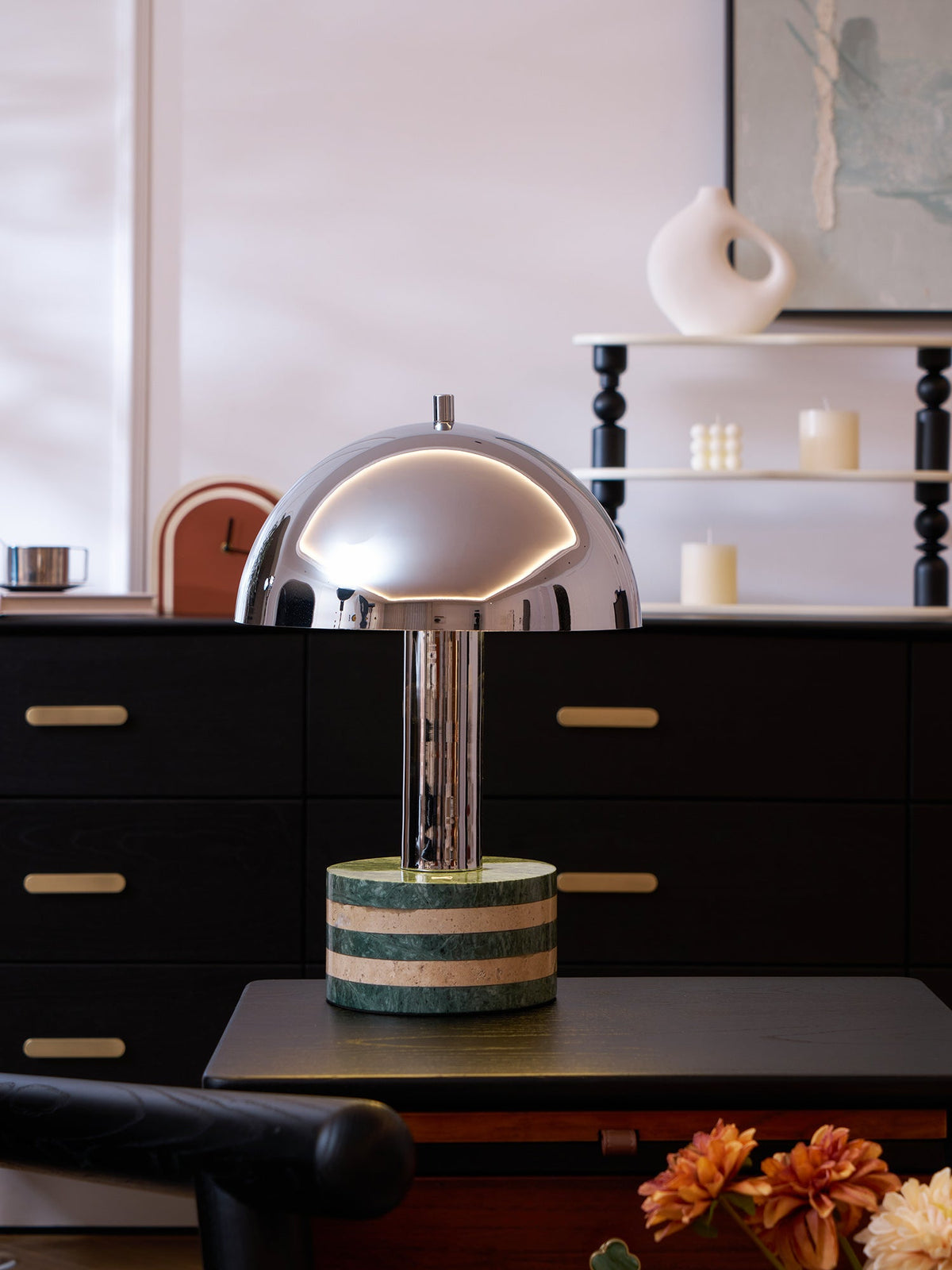 Strata Minimalistische Marmor-Tischleuchte in Grau & Beige