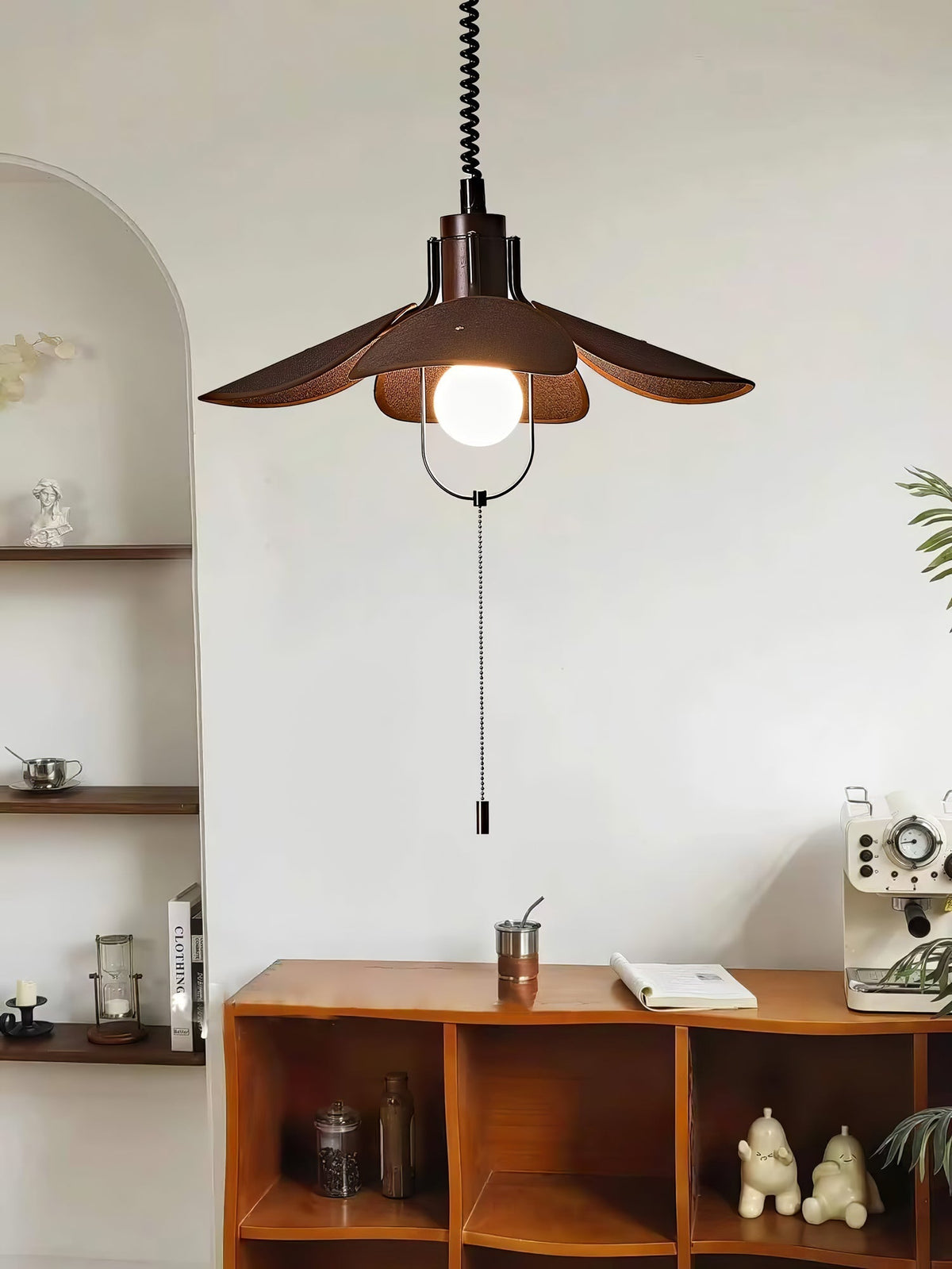 Utalion traditionelle Pendelleuchte aus Holz mit Stoffschirm in Blütenform