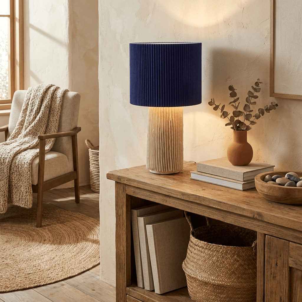 Adrielle Falten-Tischlampe mit Cobalt-Lampenschirm und Ecrü-Körper