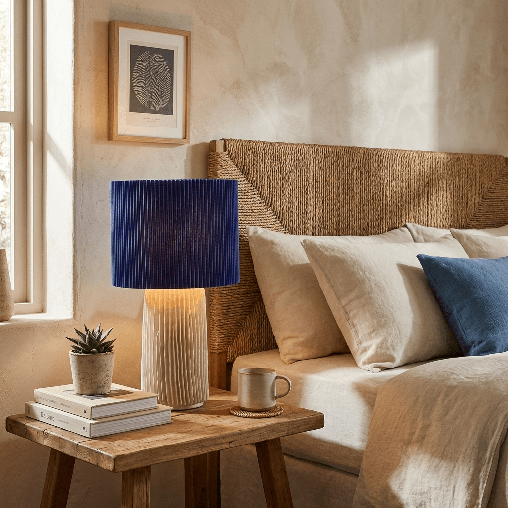 Adrielle Falten-Tischlampe mit Cobalt-Lampenschirm und Ecrü-Körper