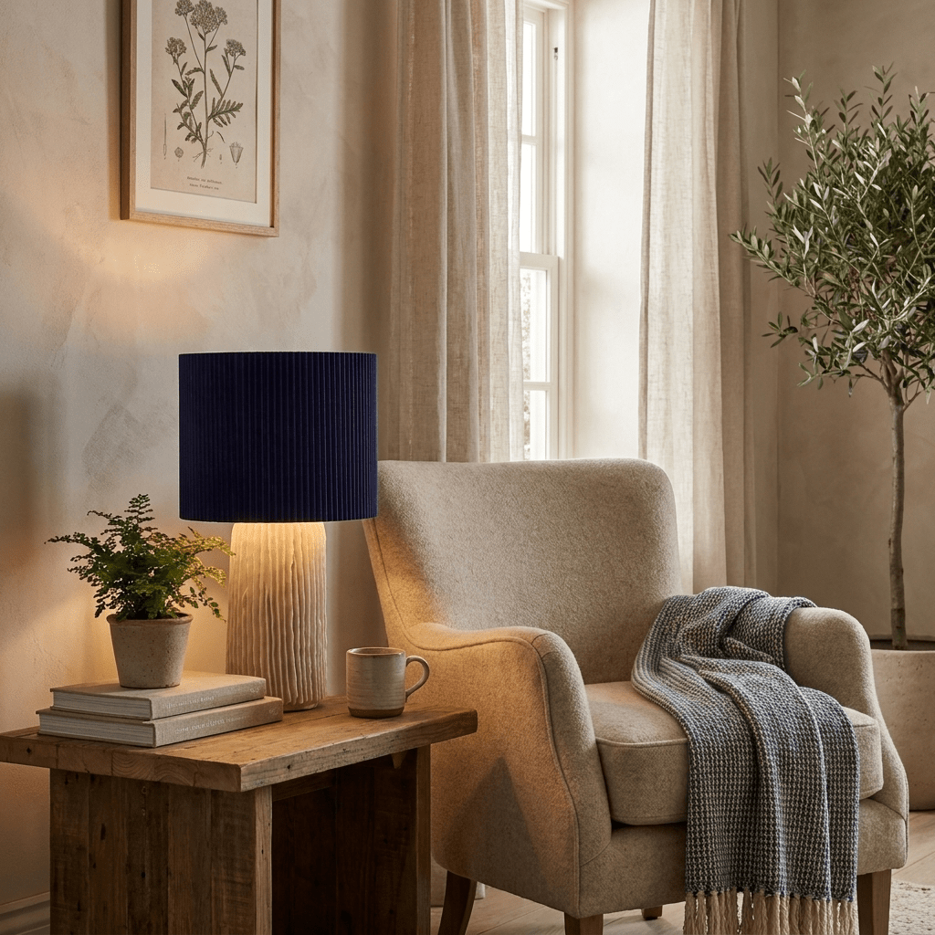 Adrielle Falten-Tischlampe mit Cobalt-Lampenschirm und Ecrü-Körper