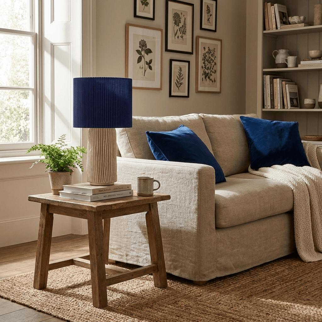 Adrielle Falten-Tischlampe mit Cobalt-Lampenschirm und Ecrü-Körper