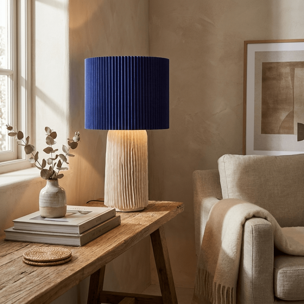 Adrielle Falten-Tischlampe mit Cobalt-Lampenschirm und Ecrü-Körper