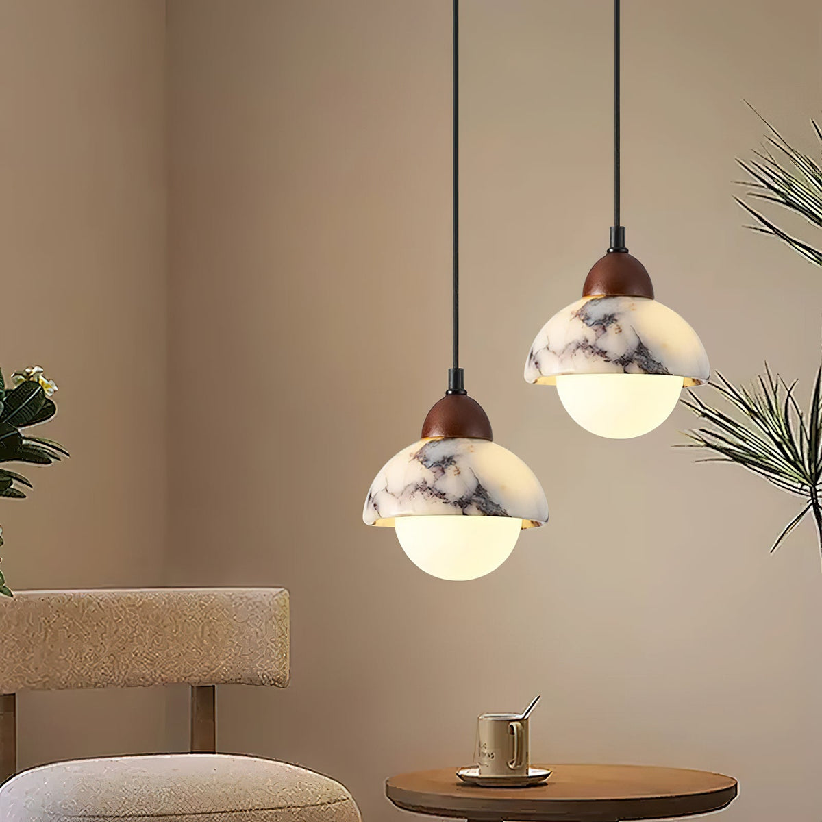 Sylivora Pendelleuchte aus Holz und Marmor