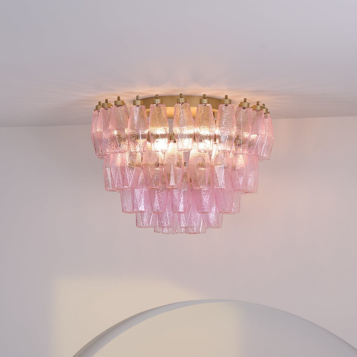 Celelaya Deckenleuchte Poliedri Pink Murano-Glas geschichtet flach