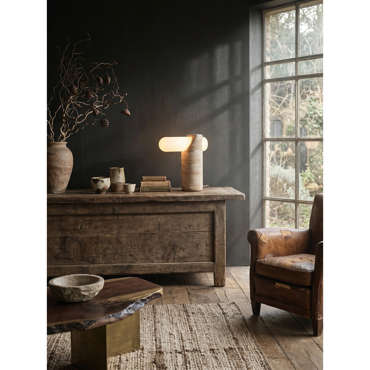 Marwen Travertin-Tischleuchte in Beige