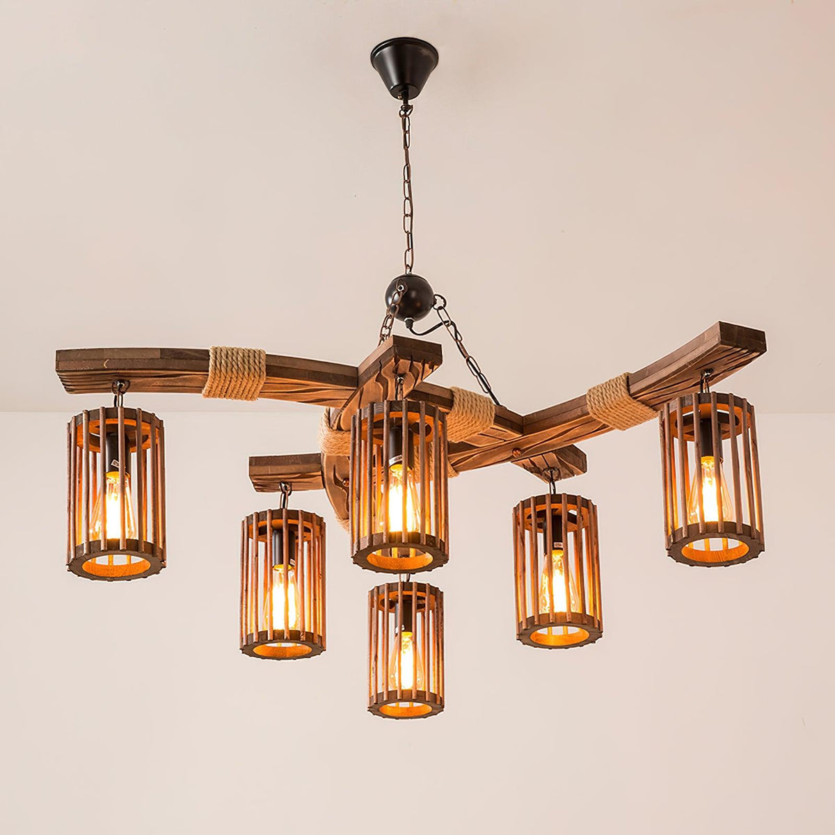 Rinanaine Kronleuchter Retro aus massivem Holz im Industrielook