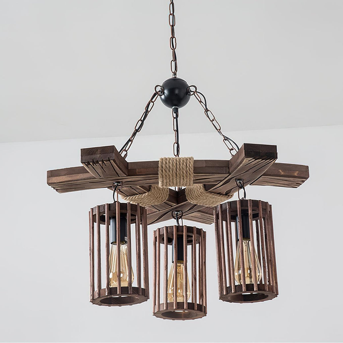 Rinanaine Kronleuchter Retro aus massivem Holz im Industrielook