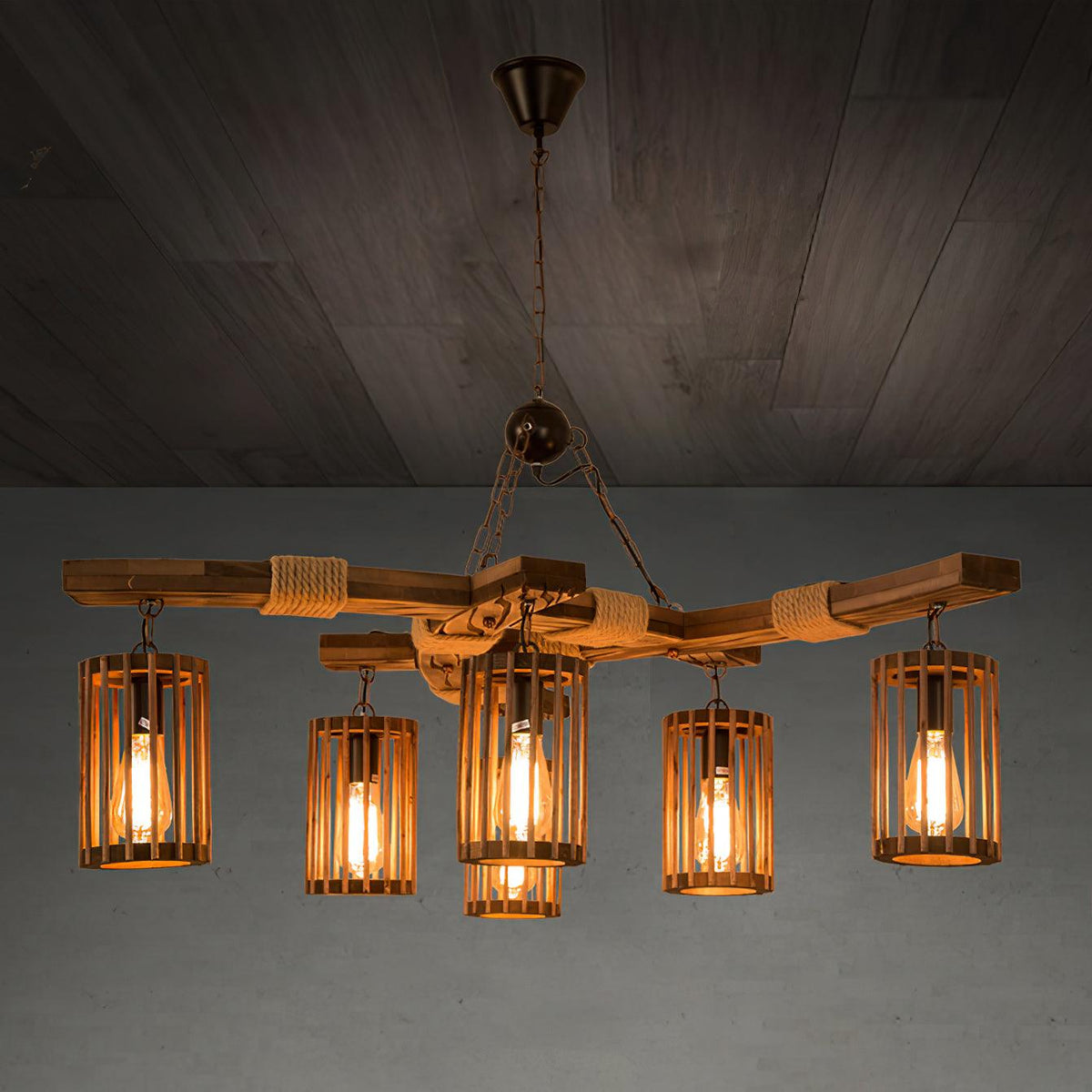 Rinanaine Kronleuchter Retro aus massivem Holz im Industrielook