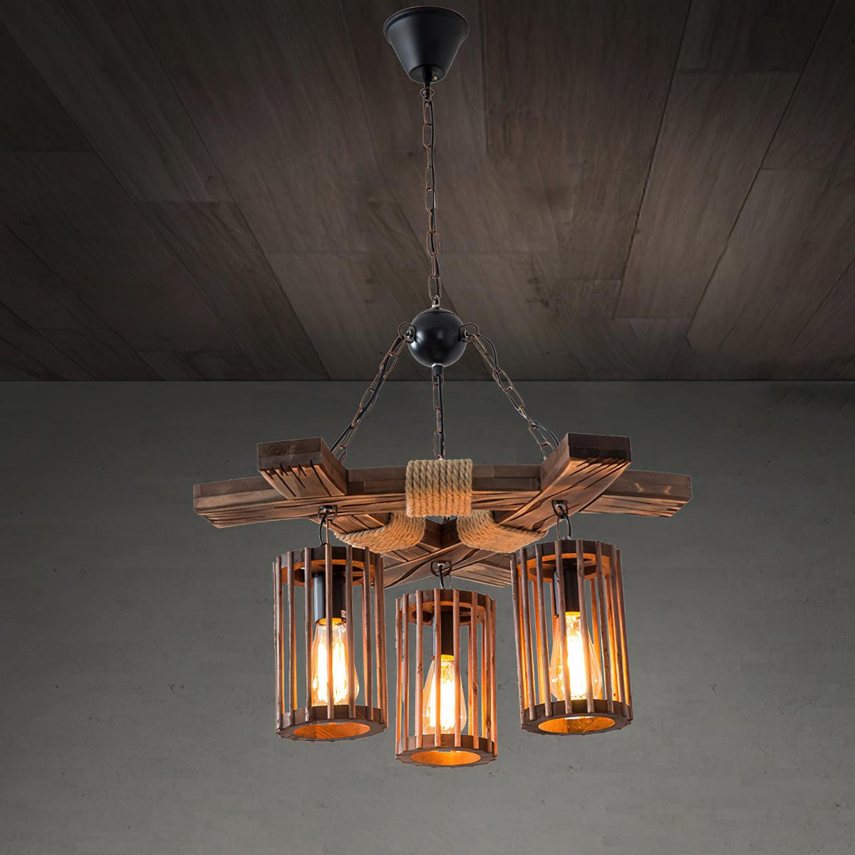 Rinanaine Kronleuchter Retro aus massivem Holz im Industrielook
